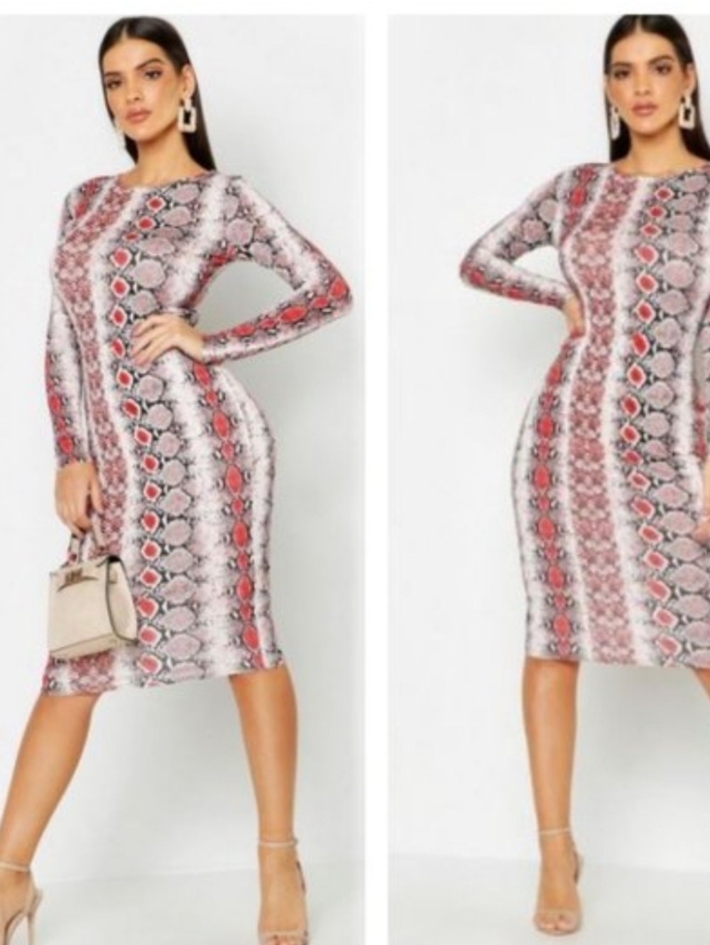 Midi Bodycon Dress in Red Snake Print